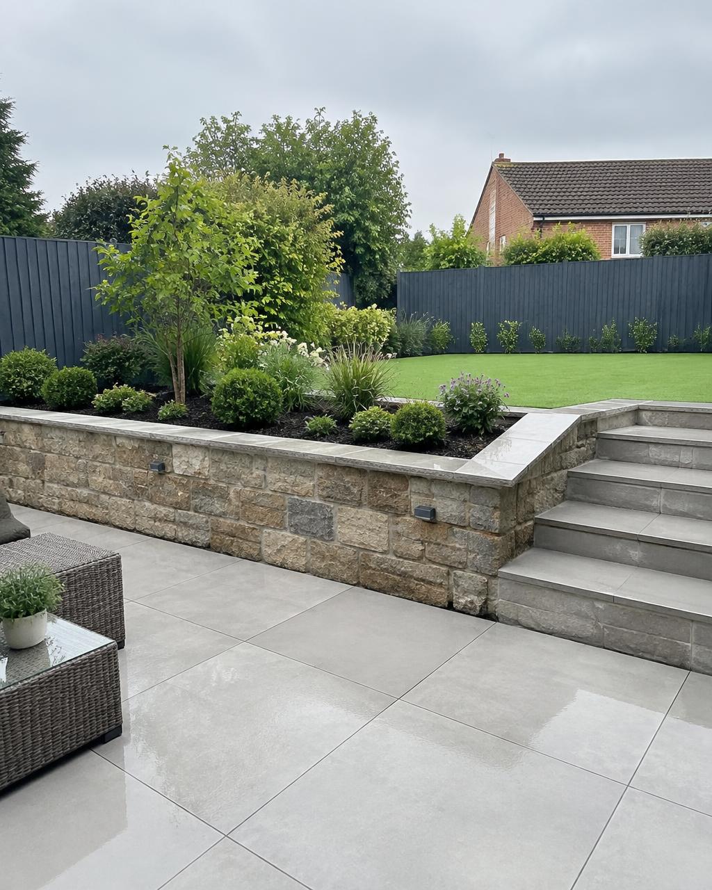 Two-level garden with stone retaining wall and porcelain patio
